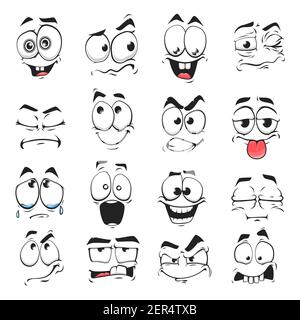 Cartoon Gesichtsausdruck isolierte Vektor-Icons, lustige Emoji zufrieden, und verrückt, wütend, lacht und traurig. Gesichtsemoticon Gefühle verärgert, glücklich, Zahn Stock Vektor