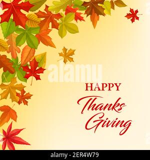 Glücklicher Thanksgiving Vektor-Grußkarte mit Rahmen der Herbstblätter. Thanksgiving Day Gratulation, gefallenen Ahorn, Eiche, Birke oder Eberesche mit Kastanie t Stock Vektor