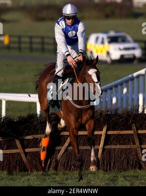 Light Brigade von Kevin Brouder befreit einen Zaun auf dem Weg zum Gewinn der Handicap-Hürde des Paddy's Rewards Club auf der Naas Racecourse in Naas. Bilddatum: Sonntag, 28. Februar 2021. Stockfoto