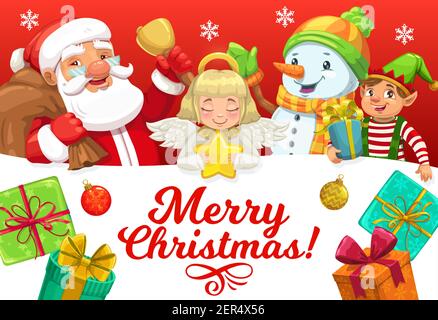 Weihnachtsmann und Helfer mit Weihnachtsgeschenke Vektor Grußkarte von Weihnachten Winterurlaub. Claus, Schneemann, Elf und Engel mit Glocke, Stern und Geschenk-Boxen, s Stock Vektor