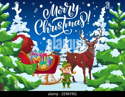 Weihnachten Rentier und Elfe mit Geschenken, Weihnachten Winterferien Vektor-Design. Santas Schlitten mit Weihnachtsgeschenk Boxen, rote Tasche und Hirsch im Winter vor Stock Vektor
