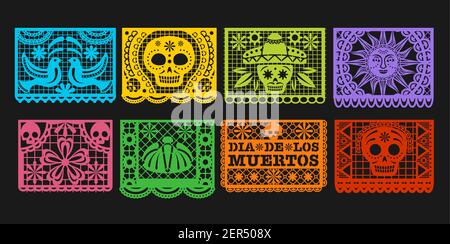 Papierfahnen, Vektor Mexican Day of the Dead Papel picado aunting. Mexiko Dia de los Muertos oder Halloween Feiertagsgirlande mit ausgeschnittenen Ornamenten von ske Stock Vektor