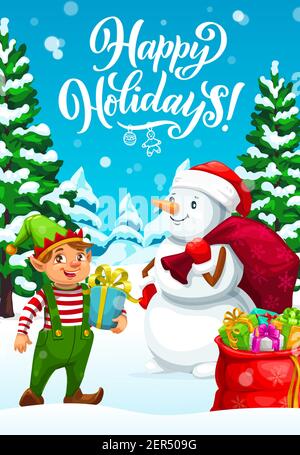 Weihnachten Elf und Schneemann liefern Weihnachten Geschenke, Winter Feiertage Vektor Grußkarte. Weihnachtshelfer mit Geschenkboxen, roten Taschen und Hut, Bändern, bo Stock Vektor