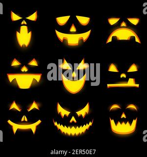 Scary Kürbis Gesichter isoliert Vektor-Icons, Halloween Monster Emoticons, Jack Laterne, Vampir wütend und glücklich Ausdrücke, glühenden gruseligen bösen Augen, te Stock Vektor