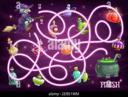 Halloween Labyrinth Spiel Vektor Vorlage von Kindern Bildung Labyrinth Puzzle mit Hexe und Trank. Finden Sie Weg Logik-Spiel mit Cartoon Hexe fliegen auf bro Stock Vektor