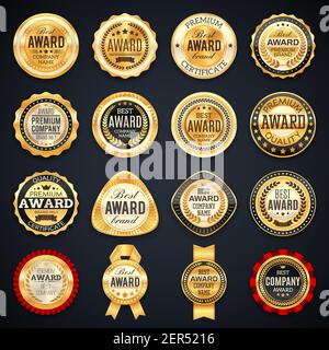 Auszeichnung und Qualität Etiketten Vektor-Embleme mit goldenen Rahmen, Sterne, Lorbeerbäste, Kronen und Bändern. Beste Unternehmens- oder Markenauszeichnungen, Produktausweise l Stock Vektor