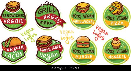 Vegan Fast Food Logo Icon Aufkleber Menü. Vektorgrafik isoliert auf weißem Hintergrund. Stock Vektor