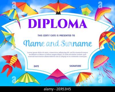 Diplom-Zertifikat für Kinder Bildung Vorlage mit Vektor-Rahmen Hintergrund von Cartoon Drachen in blauen Himmel. Grundschule, Vorschule, Kindergarten g Stock Vektor