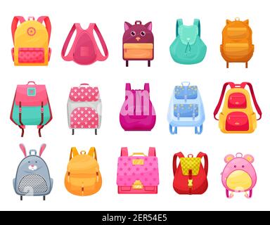 Schultasche und Rucksack für Mädchen isoliert Cartoon-Symbole gesetzt. Vector weibliche Schüler Rucksäcke und Rucksäcke mit Reißverschluss-Taschen, Tier Gesichter, Ohren und Stock Vektor