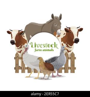 Banner für Nutztiere, Vieh und Geflügel. Esel, Kuh oder Stier hinter Holzzaun, truthahn, Gans und Wachtel Vektor. Bauernhof Rindfleisch und Milch Rinder, Vögel Stock Vektor