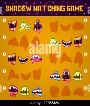 Halloween Monster lächelt, Schatten passende Spiel Vektor Vorlage von Kindern Bildung Puzzle-Design. Finde, vergleiche und verbinde richtige Formen von Vampir Mo Stock Vektor