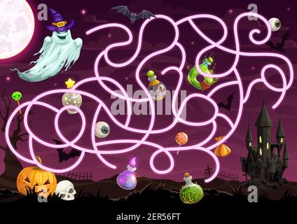Halloween Labyrinth-Spiel mit Labyrinth Vektor Vorlage von Kindern Bildung Puzzle-Design. Hilfe Geist finden Weg zu Spukhaus mit Cartoon Hintergrund von Ha Stock Vektor