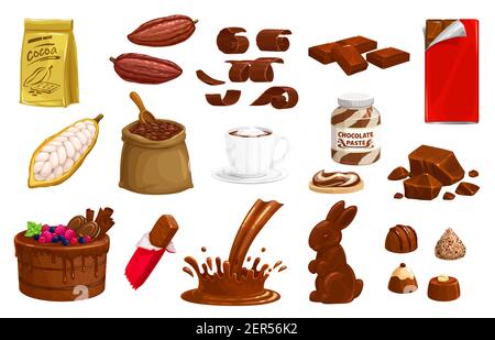 Schokolade, Kakao Vektor Choco Produktionsstäbe, Hase süßen Dessert und Spritzer. Trüffel, Süßigkeiten und Heißgetränke, Bohnen im Sack, Einzelhandelspaket und Stock Vektor