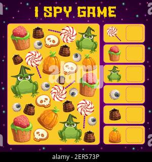 Halloween spioniere ich Spiel Vektor Vorlage von Kindern Bildung und Zählen Aktivität Design. Finden und zählen Puzzle mit Trick or Treat Süßigkeiten, Schokolade und Stock Vektor