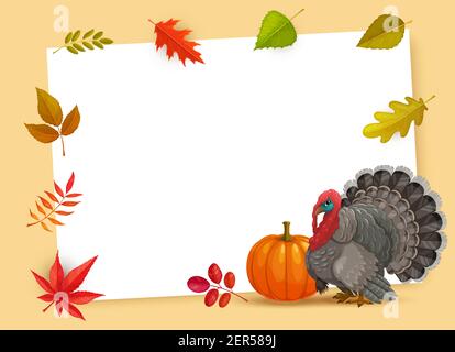 Rahmen mit Dank geben Tag Vektor-Symbole türkei, Kürbis und Herbst fallen Blätter. Happy Thanksgiving Day Border, Postkarte, Grußkarte, Poster t Stock Vektor