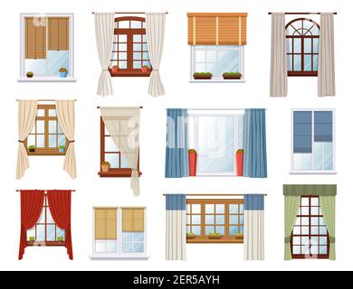 Fenster mit Vorhängen und Jalousie, Vektor-Interieur-Design-Elemente. Weiße pvc und hölzerne braune Schweller, Kunststoff-Fensterrahmen mit Stoff Vorhänge und Stock Vektor