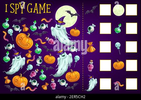 Ich spioniere Spiel Vektor-Vorlage von finden und zählen Halloween-Objekte. Kinder Bildung Puzzle und Kinder Zählen Arbeitsblatt mit Halloween Kürbisse, Geister, Stock Vektor