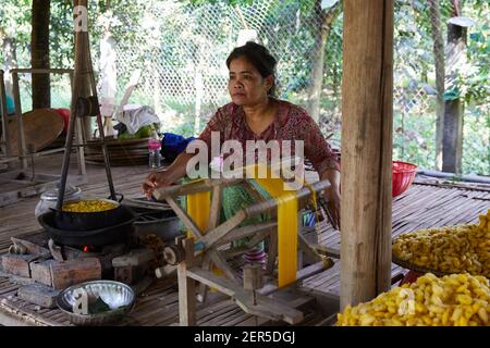 Traditionelle Seidenspinnerei auf Kao Dach, einer Insel im Mekong bei Phnom Penh, Kambodscha, Indochina Stockfoto