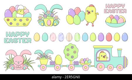 Set Happy Easter Design-Elemente - Huhn, Kaninchen, Zug, bemalte Eier, Blume, Gras mit Schild. Ostersymbole in Pastellfarben isoliert auf einem Whi Stock Vektor