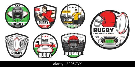 Vektorsymbole für Rugby-Sport. American Football Spiel Zeichen. Profi-Spieler laufen mit Ball, Helm, Tribünen, Spielfeld und Schiedsrichter Pfeifen auf Stadion Stock Vektor