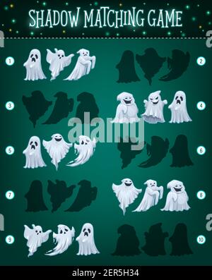 Shadow Matching Spiel Vektor-Vorlage mit Halloween Geister. Kinder Bildung finden und verbinden Puzzle Arbeitsblatt Design von Cartoon Geister, Geister oder phan Stock Vektor