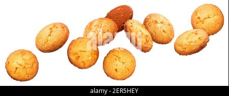 Chip Cookies fallen über weißen Hintergrund Stockfoto