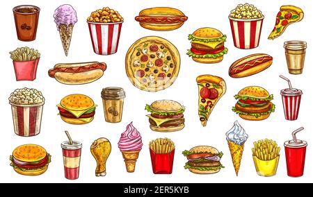 Skizze Fast Food Mahlzeiten isoliert Vektor-Icons Kaffee, Cola und Popcorn mit Hot Dog. Pizza, Cheeseburger und Eis in Waffelkegel, Hühnerschenkel, Fre Stock Vektor