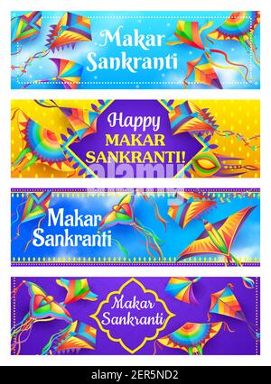 Drachen von Makar Sankranti Vektor Banner, Indian Festival der hinduistischen Religion. Vogel-und Schmetterling-förmigen Drachen fliegen in blauen Himmel mit bunten Fäden a Stock Vektor