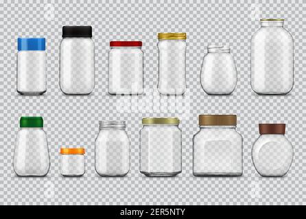 Glas Gläser mit Deckel realistische Mockup, Vektor-Lebensmittelverpackungen. Leere klare Flaschenbehälter und transparente Töpfe mit Metall- und Kunststoffverschlüssen von f Stock Vektor