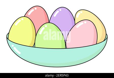 Frohe Osterkarte mit bemalten Eiern auf dem Teller. Urlaub Konzept Färbung in hellen Farben - rosa, blau, gelb, grün und Koralle. Quadratischer Vektor, flach, beleuchtet Stock Vektor