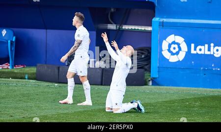 Sandro Ramirez von SD Huesca feiert sein Tor während der spanischen Meisterschaft La Liga Fußballspiel zwischen SD Eibar SAD und SD Huesca am 27. Februar 2021 im Ipurua Stadion in Eibar, Spanien - Foto Inigo Larreina / Spanien DPPI / DPPI / LiveMedia Stockfoto