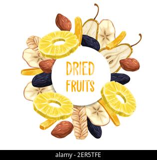 Getrocknete Früchte rund Poster oder Rahmen. Ananasring, Pflaumen oder Zwetschgen und kandierten Ingwer Streifen, Birnenscheibe, Datteln und trockenen Melone Skizzenvektor. Getrocknete und Stock Vektor