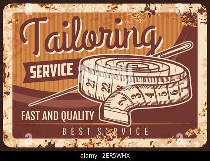 Schneiderei Metallplatte rostig, Näh-Atelier und Schneiderei Salon, Vektor-Retro-Poster. Schneiderei und Mode Näherin Werkstatt, Kleidung reparieren ein Stock Vektor