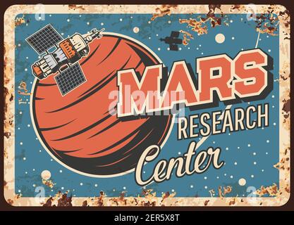 Mars Forschungszentrum Vektor rostigen Metallplatte. Künstlicher interplanetarer Satellit umkreist fremden Planeten, sputnik untersuchen Mars vintage Rost Zinn si Stock Vektor