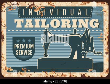Individuelle Schneiderei Studio retro Vektor rostigen Metallplatte mit Nähmaschine. Handgemachte Kleidung, Schneideratelier, Schneiderei, Service-Anzeige, Mode Stock Vektor