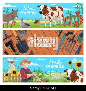 Bauernhof Tiere, Familie Landwirtschaft und Gartengeräte Banner. Farm Geflügel und Vieh, Gemüse Ernte. Landwirt anbauen Tomaten, Milchkuh und Esel, Stock Vektor