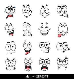 Gesichtsausdruck isolierte Vektor-Icons, lustige Cartoon Emoji Schwitzen, Pfeifen und Schreien, wütend, glücklich oder lachen oder traurig. Gesichtsgefühle, Emoticons Stock Vektor