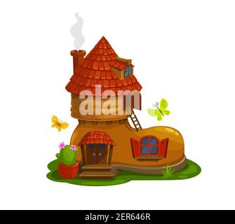 GNOME, Zwerg oder Pixie Märchenhaus in Form von Boot Cartoon Vektor. Magische Kreatur Zuhause in Schuh mit rauchenden Kamin auf Ziegeldach, Kaktus in Flo Stock Vektor