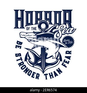 T-Shirt-Print mit Hammerkopf Hai und Anker Vektor Maskottchen für Marine Club, Meer Raubtier Tier und blaue Typografie auf weißem Hintergrund. Ocean adven Stock Vektor