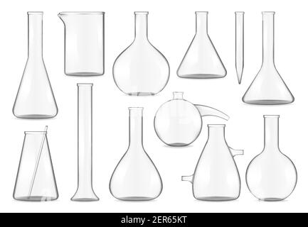 Teströhrchen aus Glas, Chemiekolben und Bechergläser realistisch isoliertes modell mit 3D Vektoren. Transparente leere Glaswaren in verschiedenen Formen für chemische oder m Stock Vektor