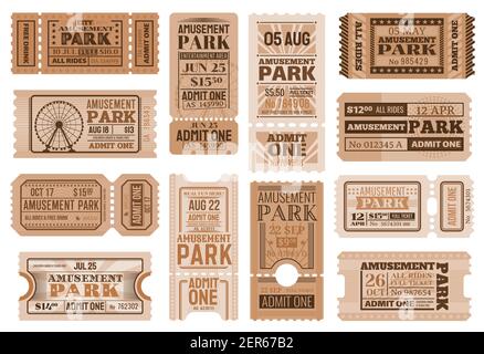 Vergnügungspark Ticket Vektor Vorlagen. Zirkus Karneval zeigen retro Eintrittsgutscheine, zugeben, ein und Access-Karten mit Riesenräder, Zirkus performant Stock Vektor