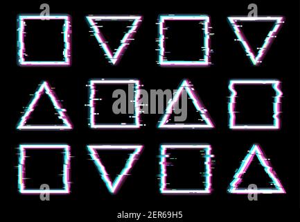 Glitch Frames Vektor verzerrt neon glühenden pixelized Grenzen von Dreieck und quadratischen Formen auf schwarzem Hintergrund isoliert. Das Fernsehgerät war unordentlich Stock Vektor