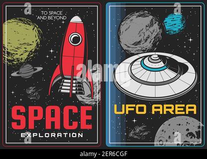 Weltraumforschung und Aliens Entdeckung Plakate. Vintage Rakete oder Raumschiff und Alien fliegende Untertasse Raumschiff im Weltraum, Mond und saturn, weit pl Stock Vektor