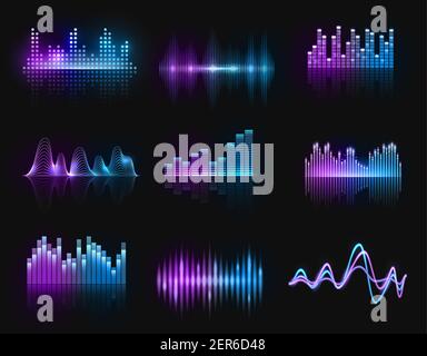 Musikausgleichsgeräte, Vektor-Audio oder Radiowellen, Schallfrequenz Neon-Track-Linien. Digital Player Display Waveform, hud Technologie für Tune Bar, soundwa Stock Vektor