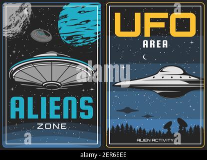 UFO-Aliens und Weltraum, Universum Planeten, Vektor vintage Poster. Aliens Invasion und Galaxie Geheimnis Wissenschaft, Fiktion Leben am Himmel, UFO-Raumschiff o Stock Vektor