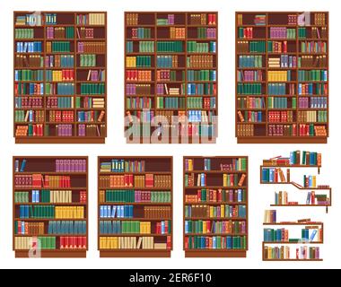 Bücherregal, Bücherregal mit Büchern, Bücherregale, Vektor-isolierte Rack-Symbole. Holzbücherregale oder Bücherregale, klassische alte Bibliothek, Buchhandlung oder Bücherei Stock Vektor