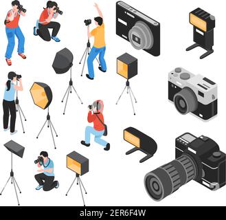 Professionelle Fotografen und Arbeitsgeräte einschließlich Kameras, Stativ, Beleuchtung, isometrische Symbole Set, isolierte Vektor-Illustration Stock Vektor