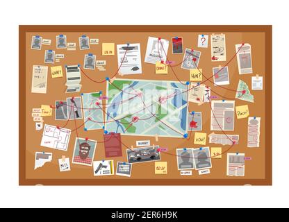 Crime Board der Polizei Detektiv Untersuchung Cartoon Vektor. Beweise und Karte der Morduntersuchung, Wandtafel mit Bildern, Stecknadeln, Papiernotizen A Stock Vektor