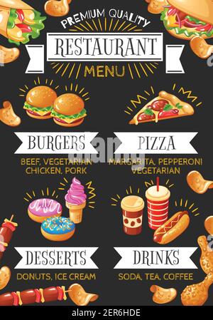 Bunte Speisekarte mit Fast-Food-Restaurant mit Burger Pizza Desserts Und Getränke auf schwarzem Hintergrund flache Vektor-Illustration Stock Vektor