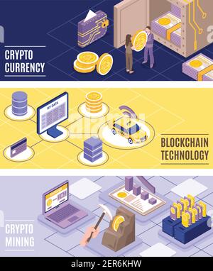 Kryptowährung und Blockchain-Technologie horizontale Banner mit buntem Hintergrund gesetzt 3D isometrische Darstellung isolierter Vektor Stock Vektor